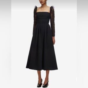 Self Portrait Crepe-Dot Mesh Sleeve black midi dress, Size 6